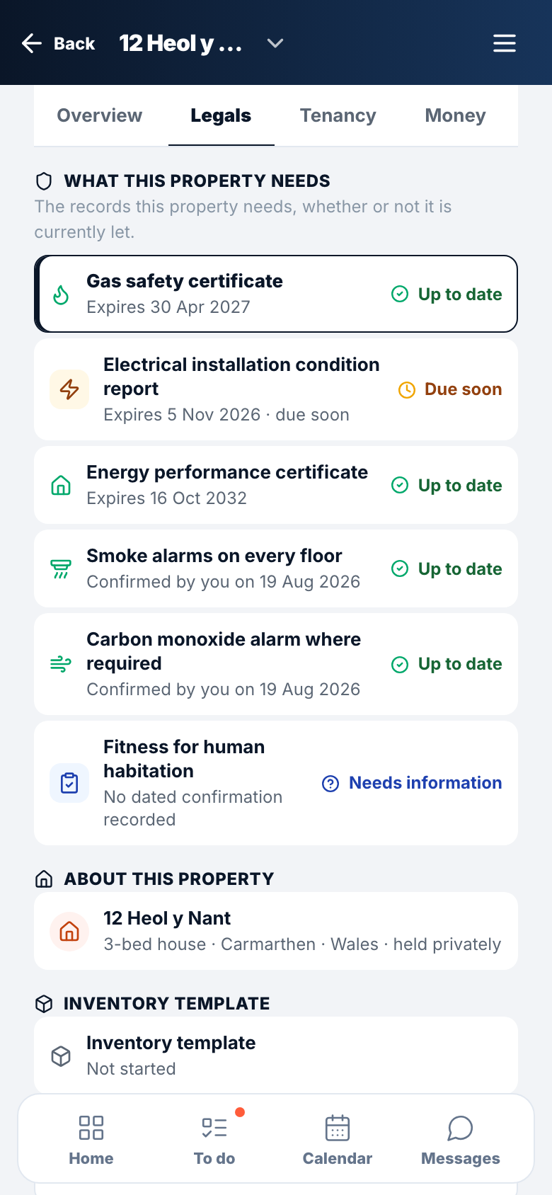 A property's compliance list on a phone: gas safety, EICR, EPC and alarms, each with its status