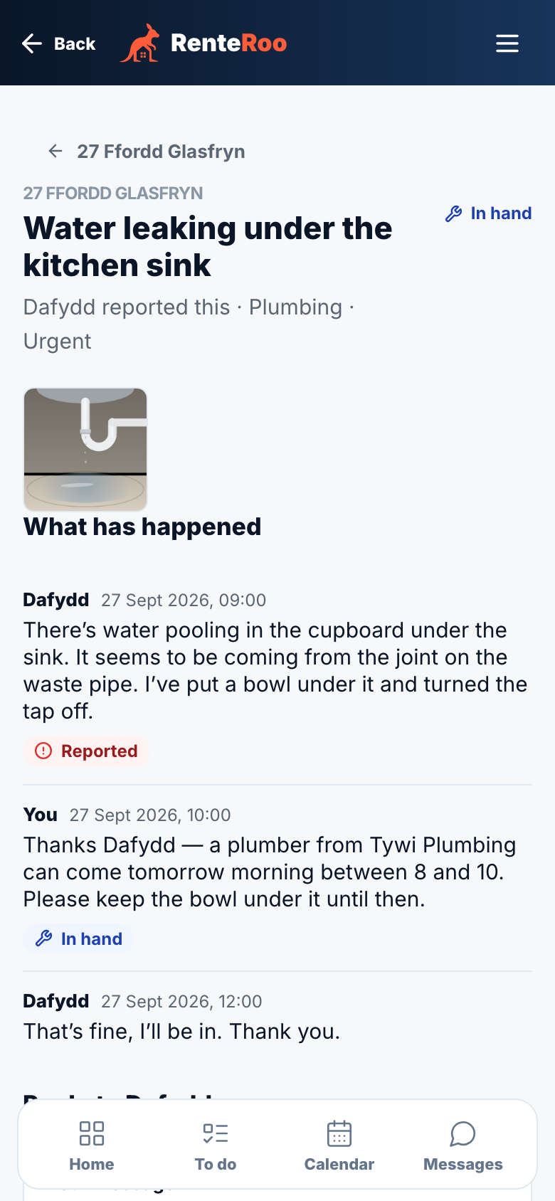 A tenant's urgent leak report on a phone, with a photo, the messages, and the status In hand