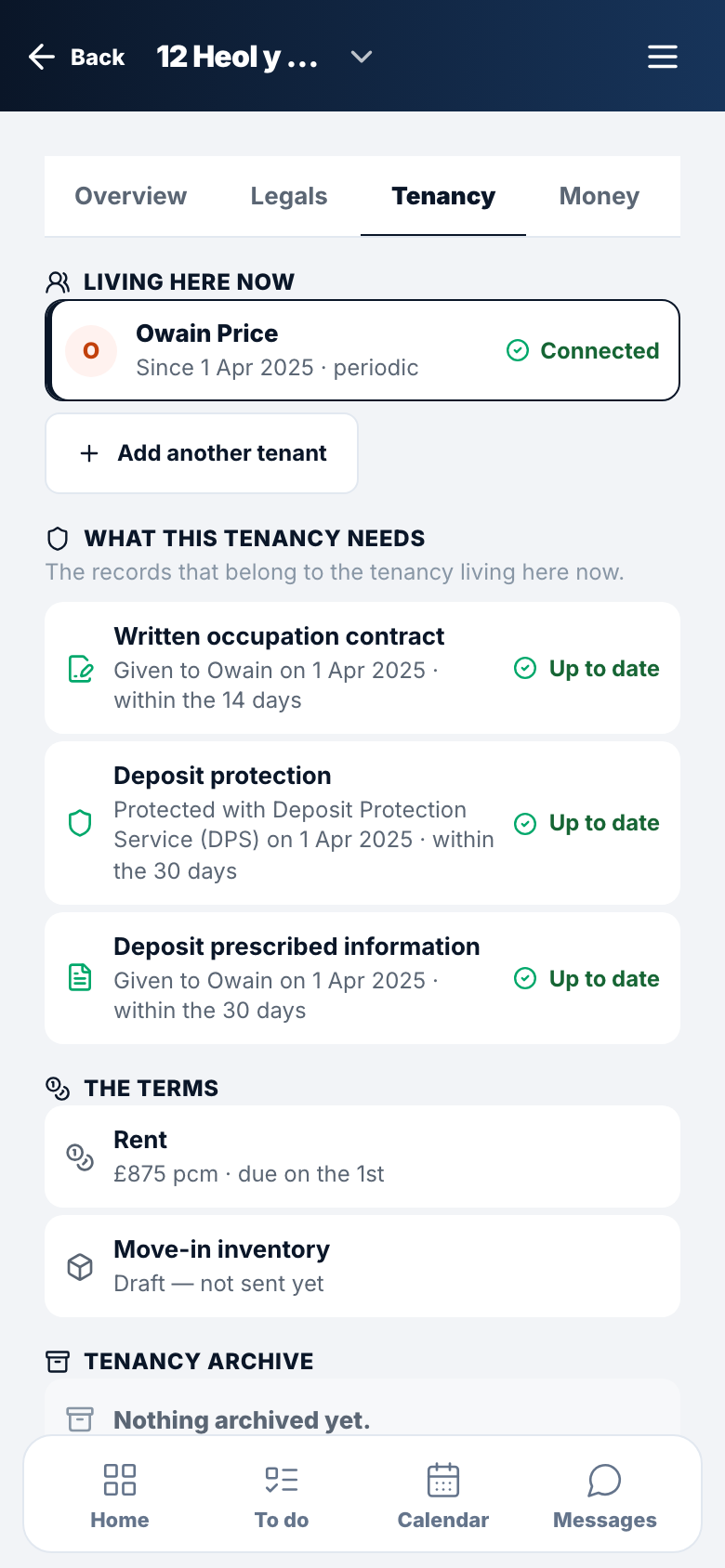 A property's tenancy on a phone: who lives there, the occupation contract and deposit items