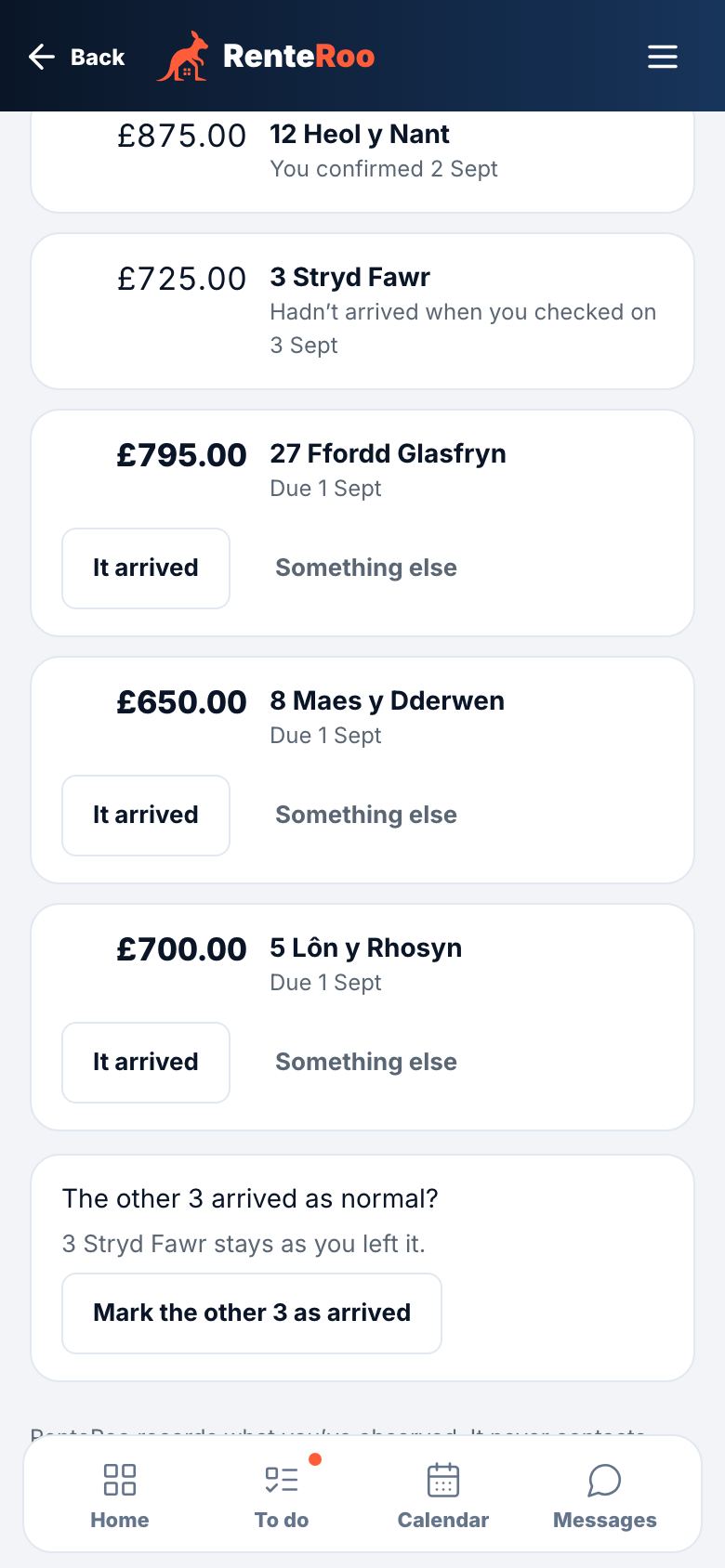 The month's rent check on a phone: one row confirmed, and Mark the other 3 as arrived